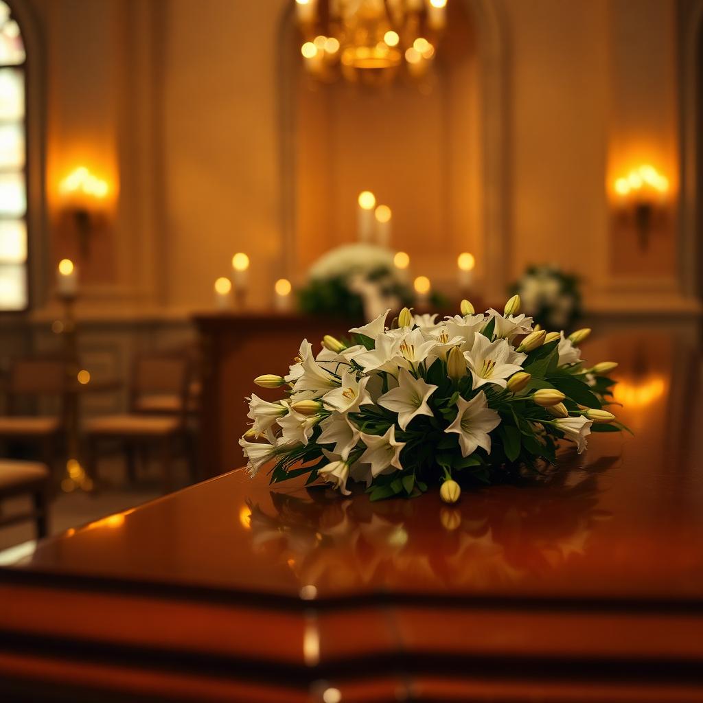 Ceremonie funerară cu sicriu și flori albe